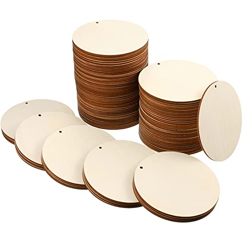 100 Pieces Unfinished Round Wooden Circles with Holes Round Wood Discs for Crafts Blank Natural Wood Circle Cutouts for DIY Crafts Party Birthday Christmas Decoration (4 Inch)