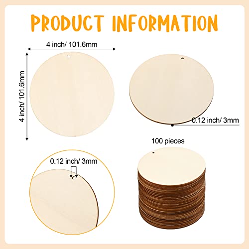 100 Pieces Unfinished Round Wooden Circles with Holes Round Wood Discs for Crafts Blank Natural Wood Circle Cutouts for DIY Crafts Party Birthday Christmas Decoration (4 Inch)