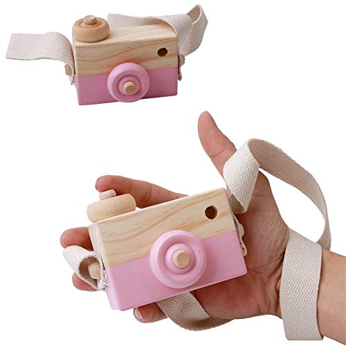 Wooden Mini Camera Toy, Hsxxf White Baby Kids Neck Hanging Photographed Props Camera Toy with Rope Cute Wood Camera Toys for Kid's Room Hanging Decoration (Pink)