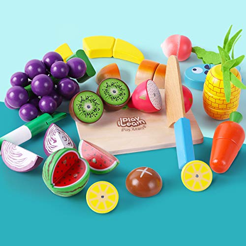 iPlay, iLearn Wooden Play Food Toy, Kids Wood Cutting Magnetic Fruit Vegetables, Toddler Cooking Pretend Play Kitchen Food Set, Montessori Educational Birthday Gift for Age 3 4 5 6 7 Year Old Girl Boy