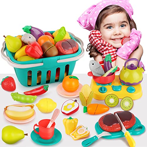 iPlay, iLearn Plastic Cutting Foods Toy, Toddler Vegetables Fruits Cooking Playset, Kids Pretend Play Kitchen Cuttable Food Set W/ Dish Tea Pot, Birthday Party Gifts for 3 4 5 6 Year Old Girl Child