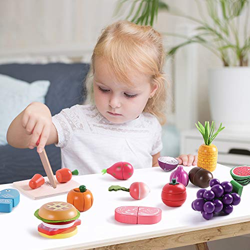 iPlay, iLearn Wooden Play Food Toy, Kids Wood Cutting Magnetic Fruit Vegetables, Toddler Cooking Pretend Play Kitchen Food Set, Montessori Educational Birthday Gift for Age 3 4 5 6 7 Year Old Girl Boy