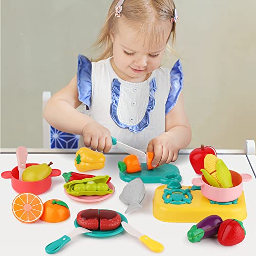 iPlay, iLearn Plastic Cutting Foods Toy, Toddler Vegetables Fruits Cooking Playset, Kids Pretend Play Kitchen Cuttable Food Set W/ Dish Tea Pot, Birthday Party Gifts for 3 4 5 6 Year Old Girl Child