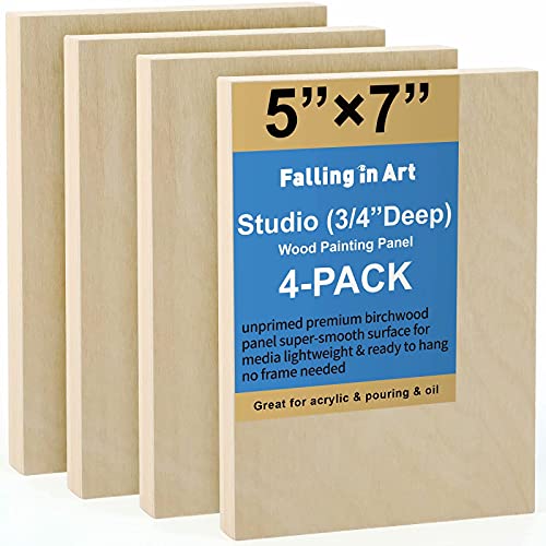 Unfinished Birch Wood Canvas Panels Kit, Falling in Art 4 Pack of 5x7’’ Studio 3/4’’ Deep Cradle Boards for Pouring Art, Crafts, Painting and More