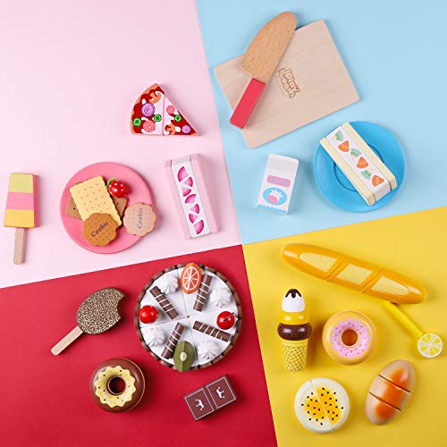 iPlay, iLearn Kids Wood Cutting Play Food Toys Set, Pretend Kitchen Cooking Baking Accessories W/ Wooden Cake Cookies Plate, Magnetic Slice Dessert, Birthday Gift for 3 4 5 6 Year Old Toddler Boy Girl
