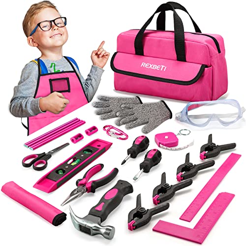 REXBETI 25-Piece Kids Tool Set with Real Hand Tools, Pink Durable Storage Bag, Children Learning Tool Kit for Home DIY and Woodworking