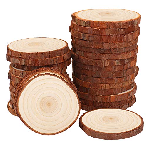 Fuyit Natural Wood Slices 30 Pcs 2.4-2.8 Inches Unfinished Wood Craft Kit Undrilled Wooden Circles Without Hole Tree Slice with Bark for Arts Painting Christmas Ornaments DIY Crafts