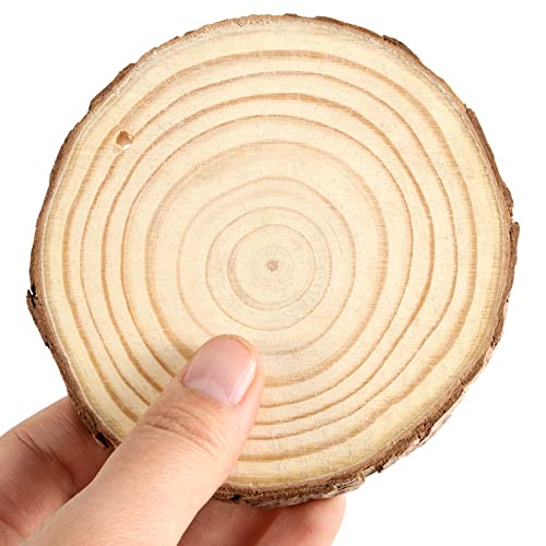 JEUIHAU 12 PCS 5.1-5.5 Inches Natural Wood Slices with Holes, Unfinished Predrilled Wooden Circles Tree Bark Slice, Blank Wooden Log Circles for DIY Crafts, Arts Wood Slices, Christmas Ornaments