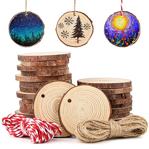 Natural Wood Slices - Wayin Craft Wood Kit Unfinished Predrilled with Hole Wooden Circles Tree Bark Round Log Discs for Arts Wood Slices Christmas Ornaments DIY Crafts (27 Pcs About 2.4 Inches)