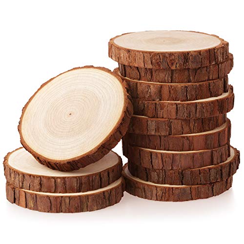 Fuyit Wood Slices 12 Pcs 4.3-4.7 Inches Unfinished Natural Tree Slice Wooden Circle with Bark Log Discs for DIY Arts Craft Rustic Wedding Christmas Ornaments