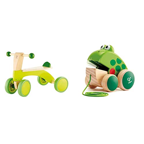 Hape Scoot Around Ride On Wood Bike | Bright Green L: 20.5, W: 12.8, H: 15.1 inch & Frog Pull-Along | Wooden Frog Fly Eating Pull Toddler Toy, Green, L: 4.7, W: 3.8, H: 3.3 inch