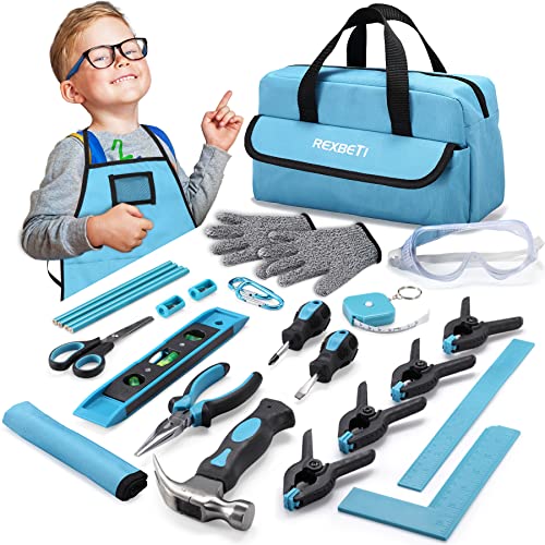 REXBETI 25-Piece Kids Tool Set with Real Hand Tools, Blue Durable Storage Bag, Children Learning Tool Kit for Home DIY and Woodworking