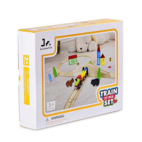 SainSmart Jr. Wooden Train Set for Toddler with Double-Side Train Tracks Fits Brio, Thomas, Melissa and Doug, Kids Wood Toy Train for 3,4,5 Year Old Boys and Girls