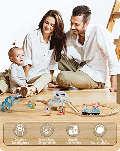 SainSmart Jr. Wooden Space Station Train Set, Wood Spaceship Theme with Astronaut, Alien and Helicopter for 3+ Kids and Toddlers