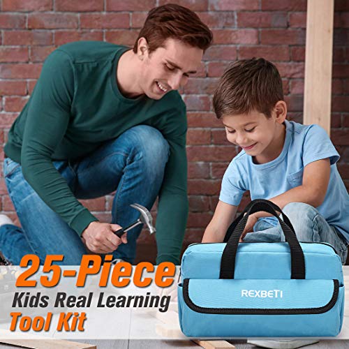 REXBETI 25-Piece Kids Tool Set with Real Hand Tools, Blue Durable Storage Bag, Children Learning Tool Kit for Home DIY and Woodworking