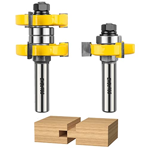 Exqutoo 2 Pieces 3 Teeth T Shape Tongue and Groove Router Bit Set Adjustable Wood Milling Cutter for Doors,Shelves & Cabinet,Woodworking Tools