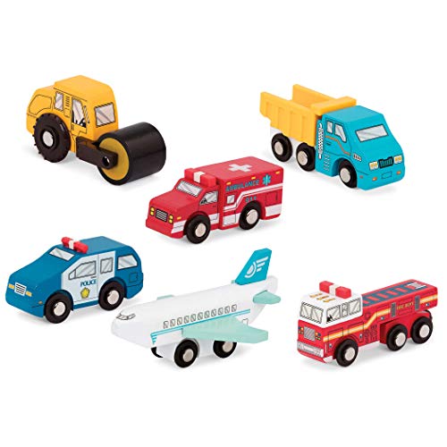 Battat - Wooden Vehicles – Miniature Wooden Toy Cars & Trucks Including Toy Airplane, Steamroller, & Police Car for Toddlers 3-Years-Old & Up (6-Pcs)