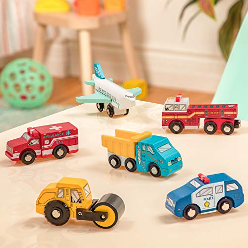 Battat - Wooden Vehicles – Miniature Wooden Toy Cars & Trucks Including Toy Airplane, Steamroller, & Police Car for Toddlers 3-Years-Old & Up (6-Pcs)