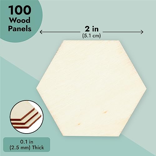 100 Pack Unfinished Wood Hexagon Pieces for DIY Crafts, 2.5mm Wood Slice Cutouts (2x2 Inches)