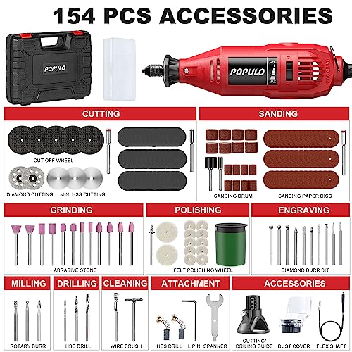Power Rotary Tool Kit with Multi Keyless Chuck, 154pcs Accessories, Flexible Shaft, Variable Speed Engraving, Corded Tools Drimmer Set for Drilling Sanding Polishing Engraving Crafting and DIY Works