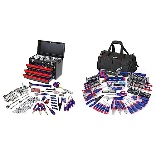 WORKPRO 408-Piece Mechanics Tool Set with 3-Drawer Heavy Duty Metal Box, W009044A & W009037A 322-Piece Home Repair Hand Tool Kit Basic Household Tool Set with Carrying Bag