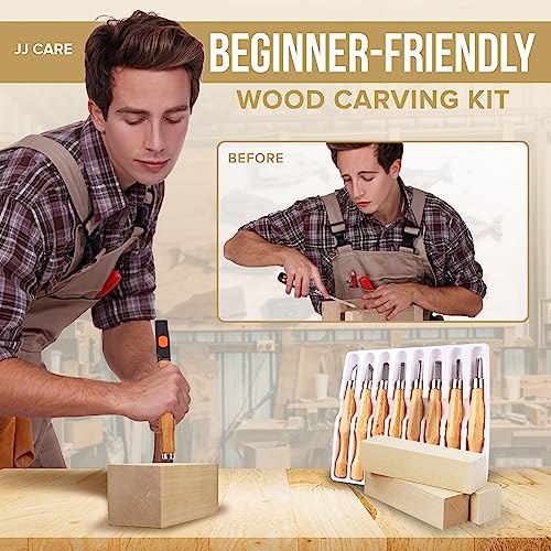 JJ Home Goods Whittling Kit [Contains 10 Basswood Blocks + 8 SK7 Carving Knives + 1 Grinding Stone] - Wood Carving Kit for Beginners - Whittling Knife Set - Wood Carving Tools Set