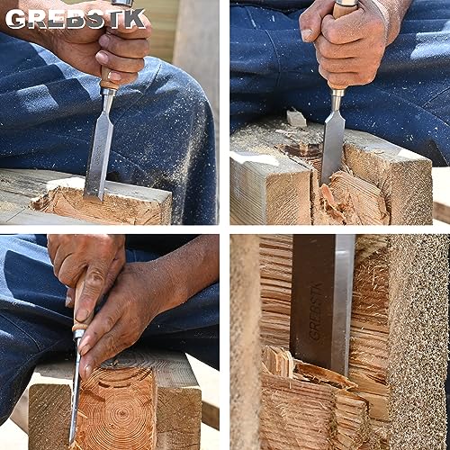 GREBSTK 4 Piece Wood Chisel Set Sturdy CR-V Steel Chisel Beech Handle Woodworking Tools with Oxford Bag