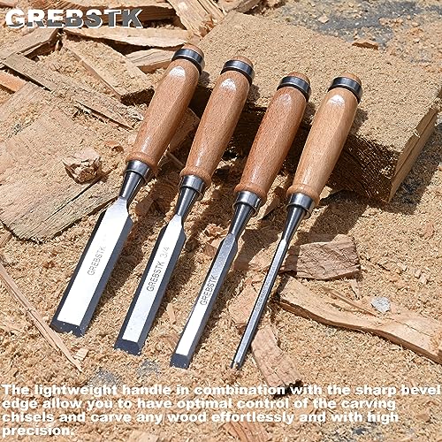 GREBSTK 4 Piece Wood Chisel Set Sturdy CR-V Steel Chisel Beech Handle Woodworking Tools with Oxford Bag