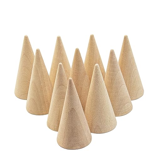 Framendino, 10 Pack Small Natural Wood Cone Ring Holder Finger Jewelry Display Stand Organizer for for Jewelry Display DIY Craft (Vertical Shaped)