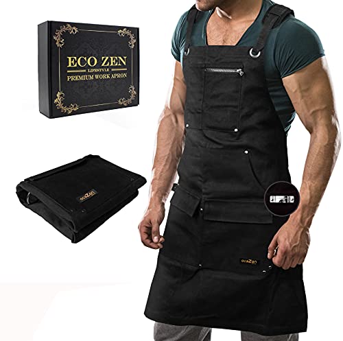 ecoZen Lifestyle Shop Apron - 16 oz Waxed Canvas Work Aprons | Waterproof,Easily adjusted to fit size S-XXL| Tough Tool Apron