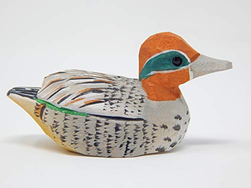 Eurasian Teal Wooden Duck Figurine - Miniature Bird Statue Handmade Carving Home Decor Decoration Decoy Small Animals