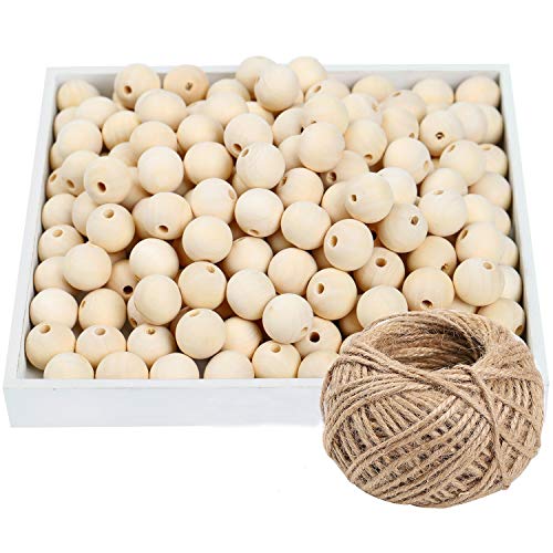 300 Pieces 20mm Unfinished Wooden Bead Natural Wood Beads Natural Color Round Loose Wood Spacer Beads for DIY Crafts Making, Necklace Making(Additional Hemp Rope)
