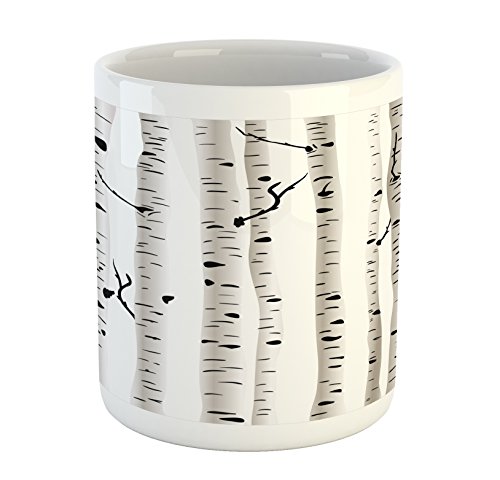 Ambesonne Birch Tree Mug, Forest Seasonal Nature Woodland Leafless Branches Grove Botany Illustration, Printed Ceramic Coffee Mug Water Tea Drinks Cup, Black and White