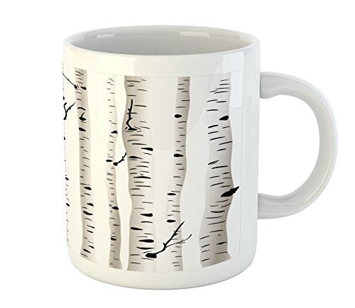 Ambesonne Birch Tree Mug, Forest Seasonal Nature Woodland Leafless Branches Grove Botany Illustration, Printed Ceramic Coffee Mug Water Tea Drinks Cup, Black and White