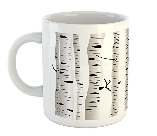 Ambesonne Birch Tree Mug, Forest Seasonal Nature Woodland Leafless Branches Grove Botany Illustration, Printed Ceramic Coffee Mug Water Tea Drinks Cup, Black and White