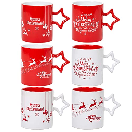 Set of 6 Red & White Star Handle Coffee Mugs