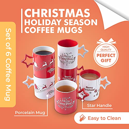 Set of 6 Red & White Star Handle Coffee Mugs