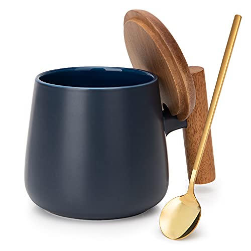 GOOD ALWAYS Coffee Mug, 14 Oz Ceramic Tea Mug with Lid and Coffee Spoon for Latte, Cappuccino, Cocoa, Mocha, Fathers Day, Birthday Gifts, House Warming Gifts New Home, 1 Pack (Blue)