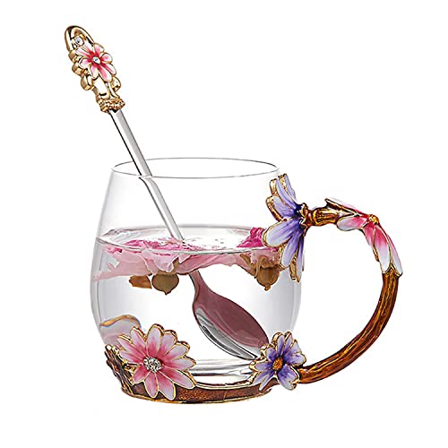 Enamel Flower Glass Mugs for Hot or Cold Beverages