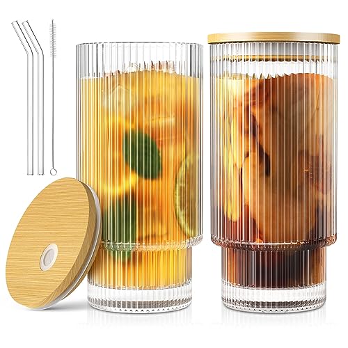 Vintage Ribbed Glass Cups with Lids and Straws