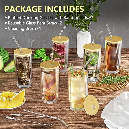 Vintage Ribbed Glass Cups with Lids and Straws