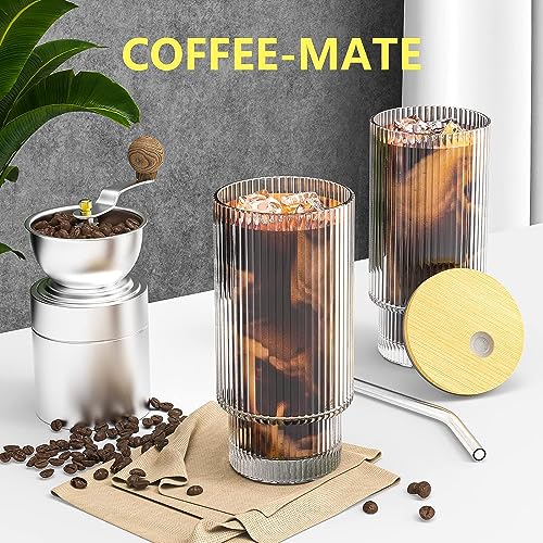 Vintage Ribbed Glass Cups with Lids and Straws