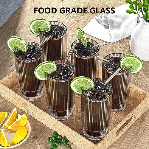 Vintage Ribbed Glass Cups with Lids and Straws