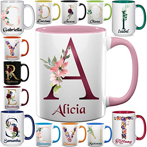 Personalized Ceramic Coffee Mugs - Monogram with Floral Design