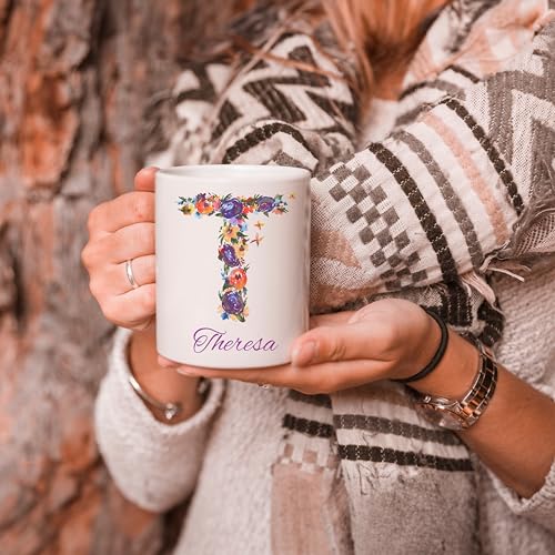 Personalized Ceramic Coffee Mugs - Monogram with Floral Design
