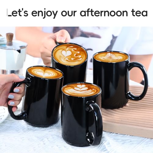 Smilatte 16 OZ Porcelain Coffee Mugs, Classic Blank Ceramic Cup with Large Handle for Tea Latte Cappuccino, Set of 4, Black