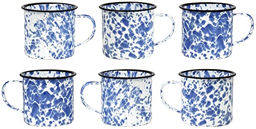 Red Co. Set of 6 Enamelware Metal Medium Classic 12 Oz Round Coffee and Tea Mug with Handle, Navy Blue Marble/Black Rim – Splatter Design