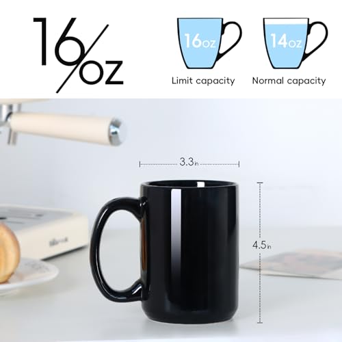 Smilatte 16 OZ Porcelain Coffee Mugs, Classic Blank Ceramic Cup with Large Handle for Tea Latte Cappuccino, Set of 4, Black