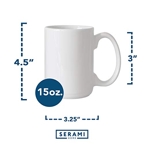 Serami White Ceramic Classic Coffee Mugs Large Handles with 15oz Capacity, Set of 4