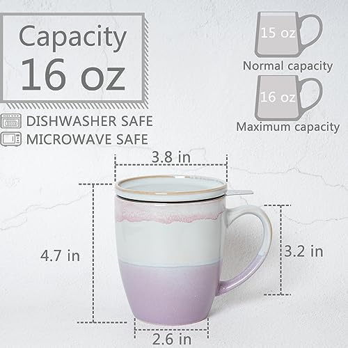Bosmarlin Ceramic Tea Cup with Infuser and Lid, 16 Oz, 4 Colors to Choose, Dishwasher and Microwave Safe, Steeping Tea Mug with Strainer, Reactive Glaze, (Purple)